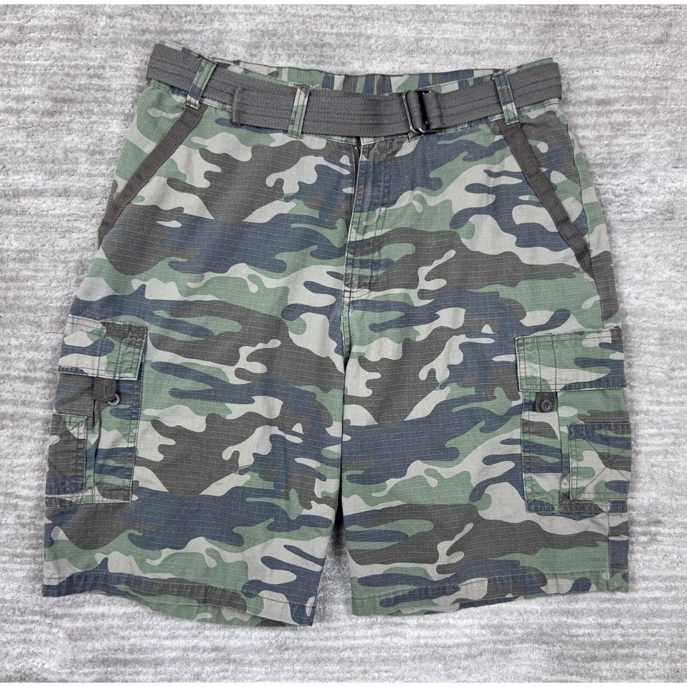 Extreme Coalition Cargo Shorts Men 36 Green Camo Ripstop Belted Tactical Utility